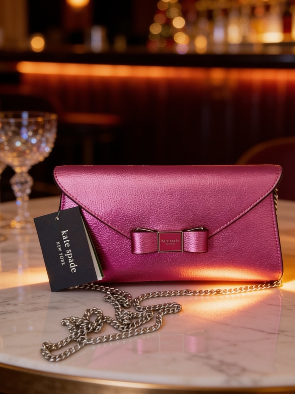 Kate Spade Morgan Bow Metallic fuchsia Envelope Flap Crossbody and dust bag NWT